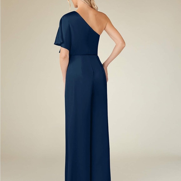 AZAZIE HAGRETTA One Shoulder Dark Navy Jumpsuit/Pantsuit Stretch Satin Dress 10 - Picture 2 of 9
